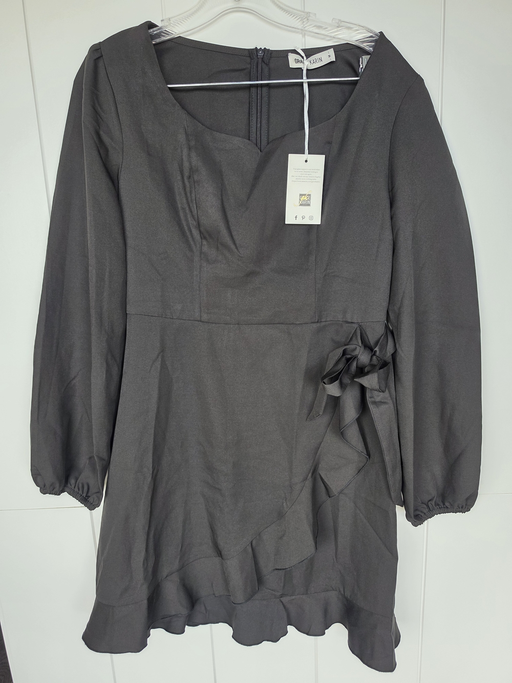 Grace Karin Black Long Sleeve Ruffle-Trim Dress with Side Bow